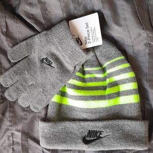 Nike Gray and Neon Yellow Striped Beanie and Glove Set